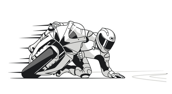 Dynamic illustration of a motorcycle racer leaning low into a sharp turn at high speed, conveying intense focus and motion.