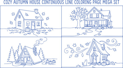 Fototapeta premium Cozy autumn house continuous line art coloring page.