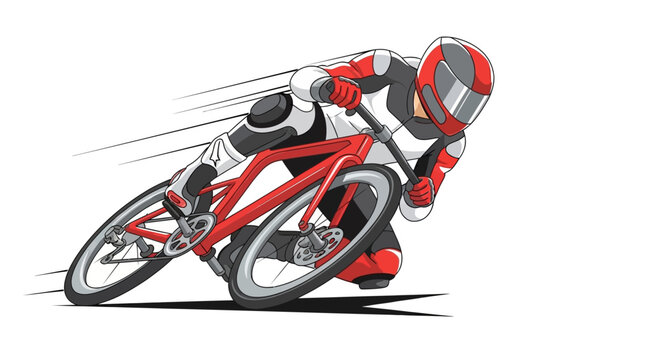 Dynamic illustration of a professional cyclist in full racing gear leaning into a sharp turn at high speed.