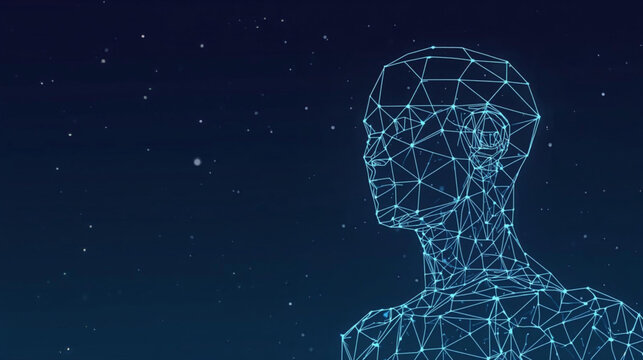 simple vector graphic in a low-poly style, depicting a human robot constructed from polygons, lines, dots, and shapes, representing an AI tech digital concept. 