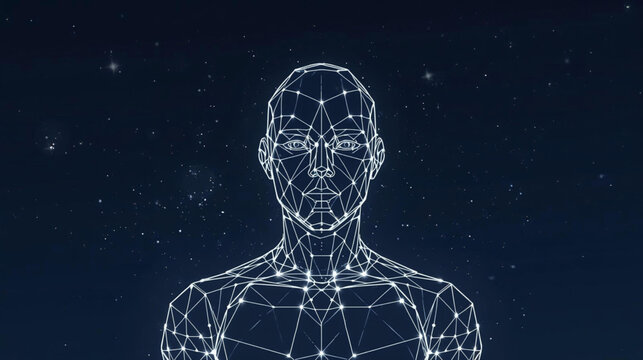 simple vector graphic in a low-poly style, depicting a human robot constructed from polygons, lines, dots, and shapes, representing an AI tech digital concept. 