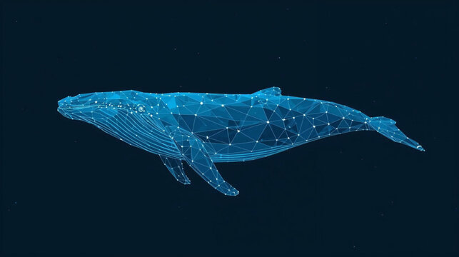 Blue whale composed of polygon. Marine animal digital concept. Low poly vector illustration of a starry sky or Comos. The whale consists of lines, dots and shapes. Wireframe light connection structure