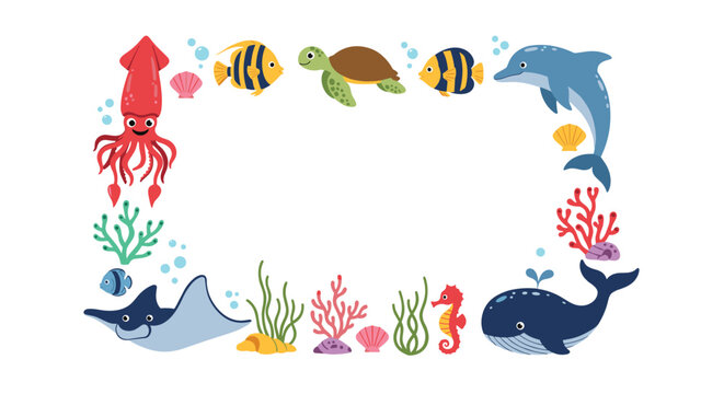 Sea life border featuring a squid, fish, turtle, dolphin, ray, seahorse, whale, coral, and shells for nautical and underwater themes.