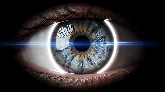 Human eye with blue iris details.