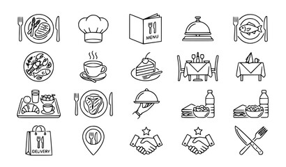 Restaurant isolated icon set food cafe waiter vector collection