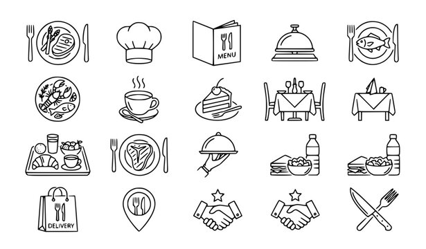 Restaurant isolated icon set food cafe waiter vector collection