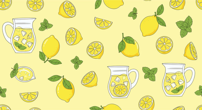 Refreshing summer seamless pattern featuring whole lemons, slices, fresh mint leaves, and glass pitchers filled with cool ice cold lemonade.
