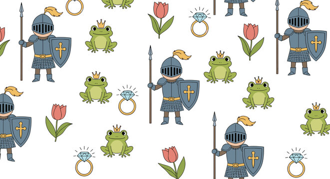 Whimsical seamless pattern for children featuring brave little knights, royal frogs with crowns, diamond rings, and red tulips.