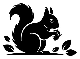 Squirrel sitting and holding an acorn among falling leaves in woodcut stencil style © Camel