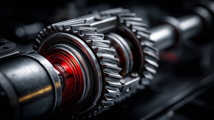 Fototapeta premium Close-up of complex industrial gears with red glow, symbolizing mechanical engineering and power