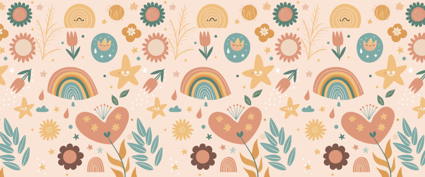 Pastel rainbow heart pattern with flowers and leaves