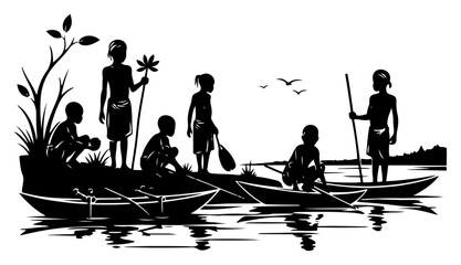 African community life on river bank with multiple dugout canoes in silhouette style © Camel
