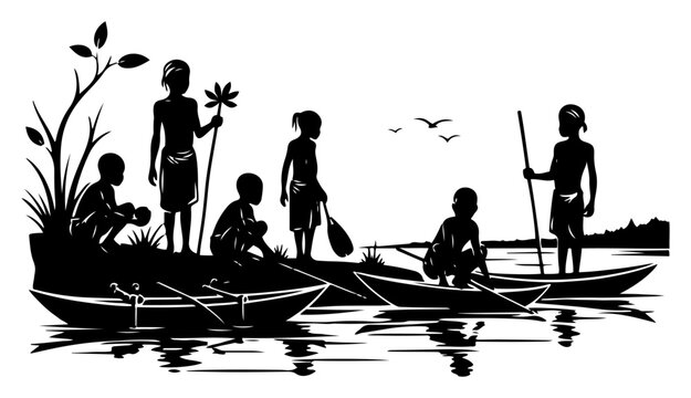 African community life on river bank with multiple dugout canoes in silhouette style
