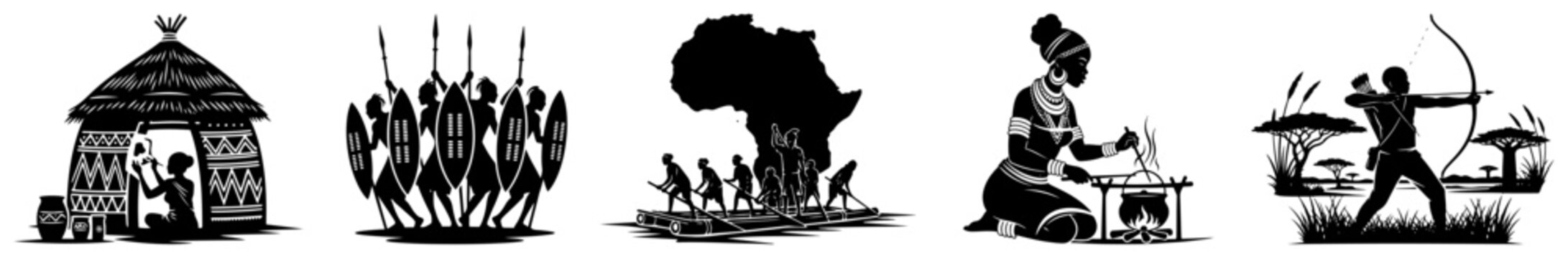 African cultural life scenes set with warriors and traditional hunters in minimalist silhouette style