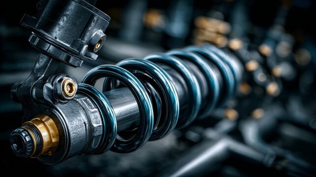 Close-up of a high-performance motorcycle shock absorber with a blue coil spring and metallic details.