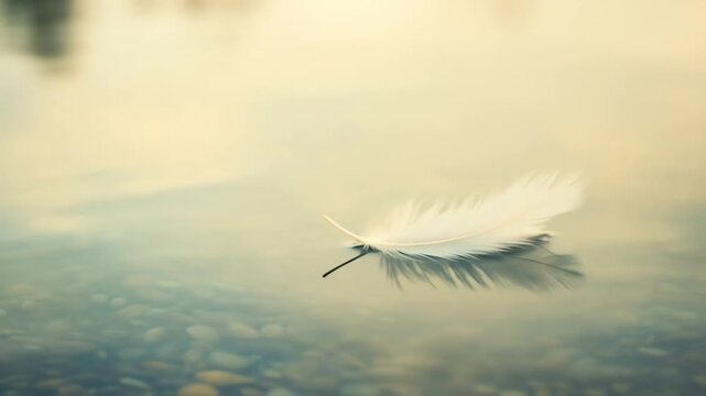 Floating feather on water surface with soft lighting and reflection