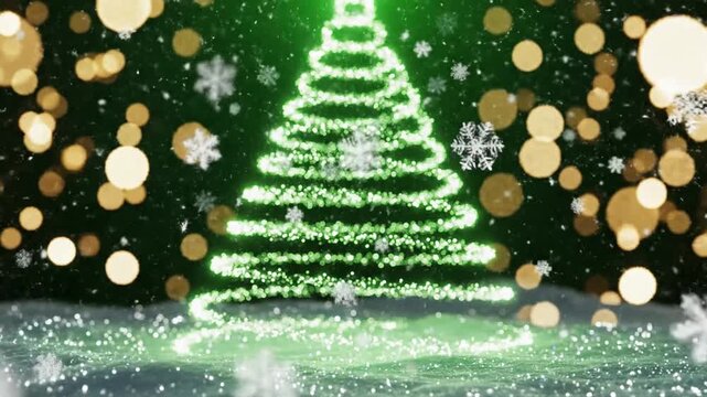 A glowing abstract pine tree shape made of lights during a winter snowfall