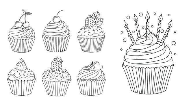 Collection of seven detailed line drawings of various cupcakes featuring different toppings and one large birthday cupcake with five lit candles.