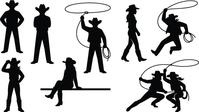 Vector collection of cowboy and cowgirl silhouette illustrations featuring wild west rangers standing, sitting, and throwing lassos