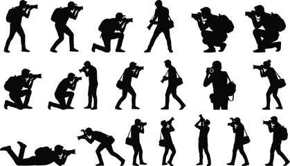 Vector collection of photographer silhouettes holding professional cameras in various shooting poses, standing, kneeling, and lying down © IconicCreations