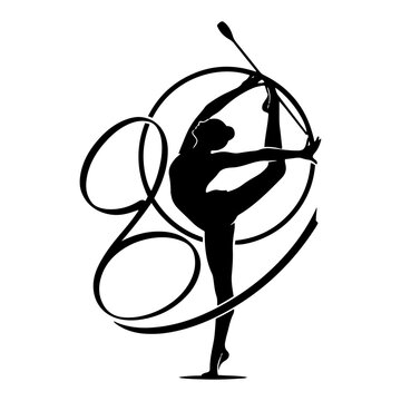 Rhythmic gymnast performing with hoop and ribbon black silhouette style