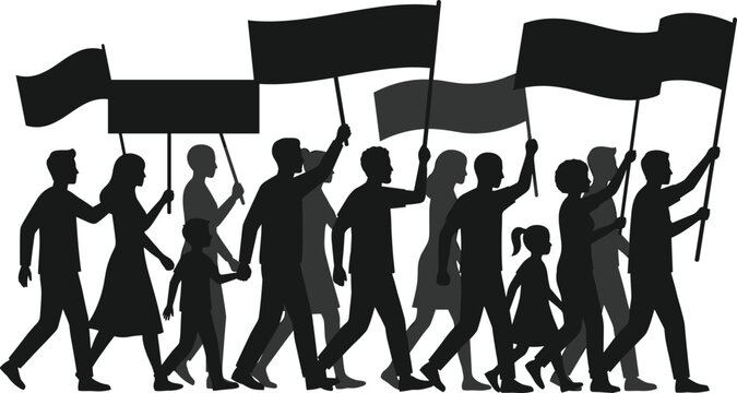 Vector silhouette of a crowd of people marching in protest holding blank banners, signs, and flags