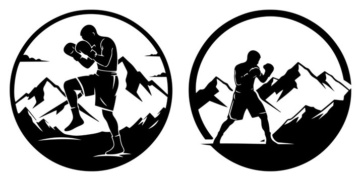 Boxer training in mountains silhouettes set inside circular frames in vector style