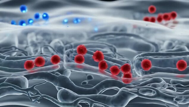 Molecules passing through a transparent human cell membrane, glowing particles entering and exiting through organic channels
