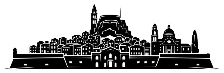 European coastal town skyline with church dome and bell tower in silhouette style © Camel