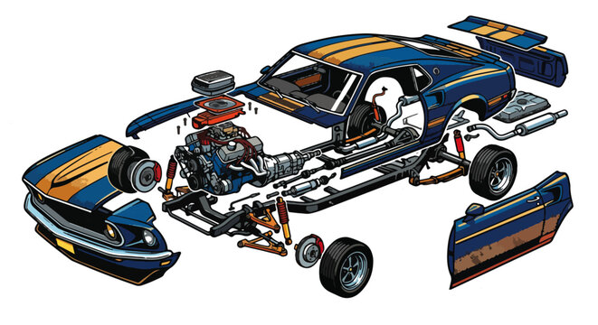 Exploded View Vector Illustration of a Classic Blue Muscle Car and Auto Parts