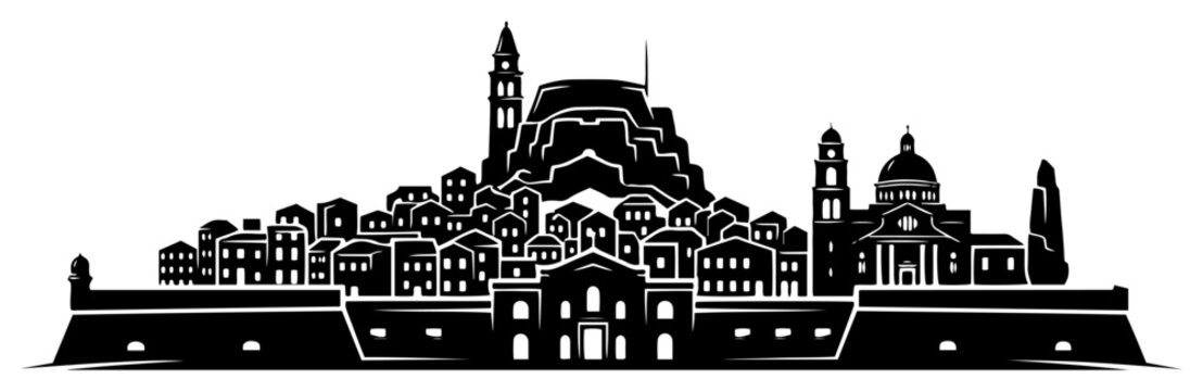 European coastal town skyline with church dome and bell tower in silhouette style