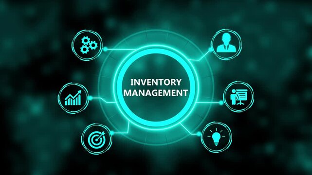 Inventory management digital interface with animated business and data analytics hud for supply chain and logistics solutions