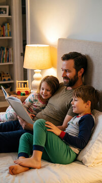 Family shares a story together in a cozy bedroom at night with warm light creating a cozy atmosphere for reading