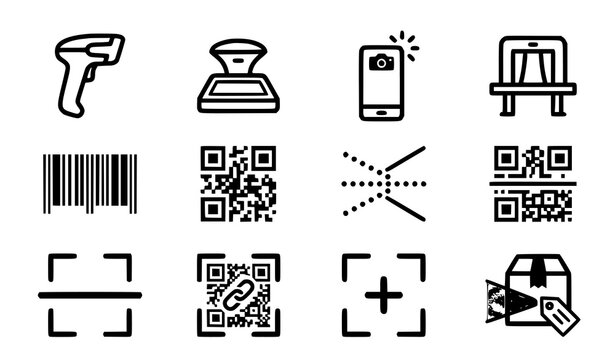 Barcode Scanner and QR Code Technology Icon Set Featuring Digital Scanning Symbols for Retail, Mobile Apps, Inventory, and Payment Systems