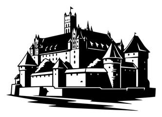 Medieval island fortress with towers on water in woodcut stencil style © Camel