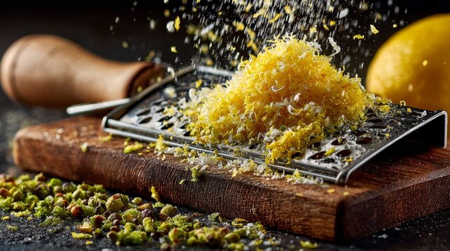 Fresh Lemon Zest Grated on Metal Zester with Pistachios and Whole Lemon