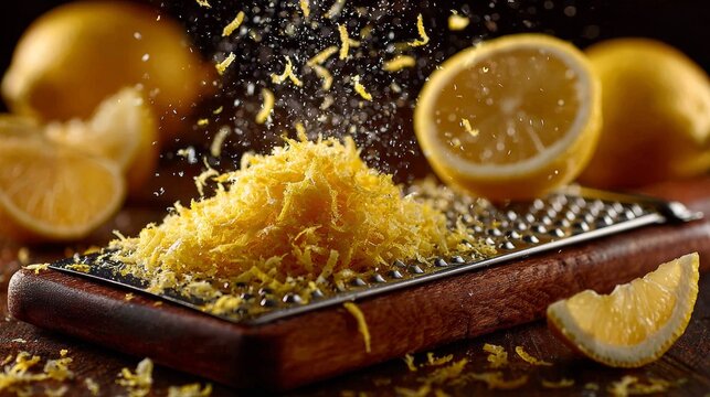 Fresh Lemon Zest Being Grated Over a Metal Zester, Close-up Macro Shot