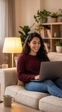 Woman sits on sofa in cozy room, using laptop and smiling while surrounded by plants and books in the evening