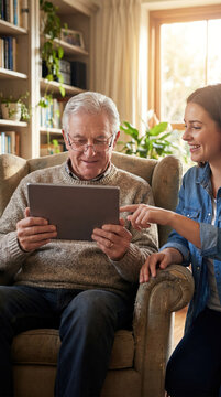 Elderly man and young woman share joyful moment while using tablet in cozy living room in daylight