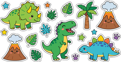 Cute cartoon dinosaur sticker set with volcanoes and tropical plants © samiul