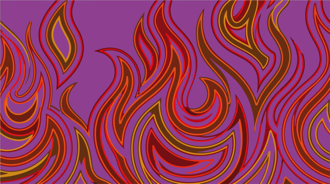 Editable, Continuous Line vecter Art Intricate Fire Flames Pattern on Purple Background