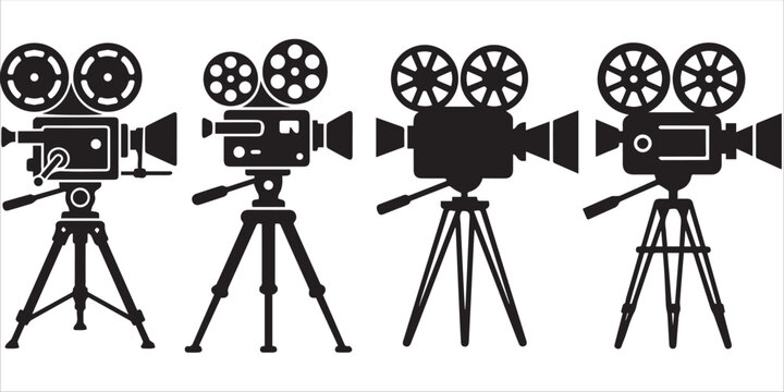 Abstract movie camera and play button logo set, cinema and media production icon vector illustration