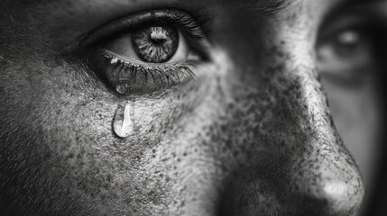 Naklejka premium Close-up Extreme Macro of Human Eye with Tear Droplet, Black and White