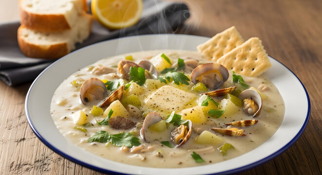 Delicious clam chowder served in a white bowl with crackers and lemon.