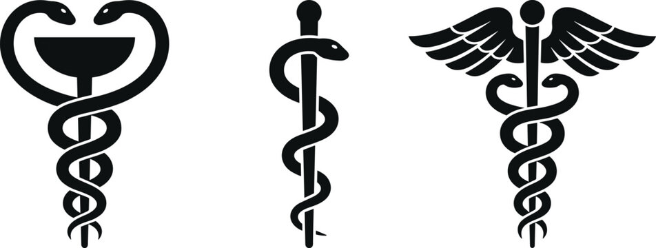Black Silhouette Medical Symbol Set with Bowl of Hygeia Rod of Asclepius and Caduceus on White Background for Healthcare