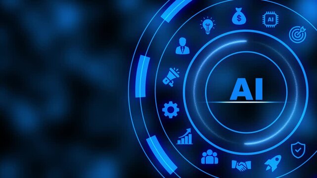 Futuristic Artificial Intelligence Tech Concept Animation with AI Text inside Glowing Blue HUD Interface and Digital Corporate Network Icons