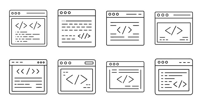 Code editor and browser window icons set - Flat design icons showing code editor and browser windows for web development and programming projects.