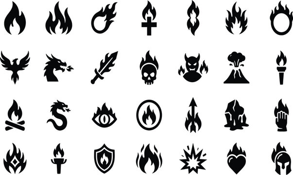 Set of black fire and flame icons and symbols