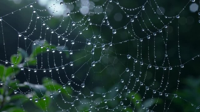 A close-up of a spider web covered in dew drops. The web is intricately woven and glistens in the morning light, surrounded by green foliage.