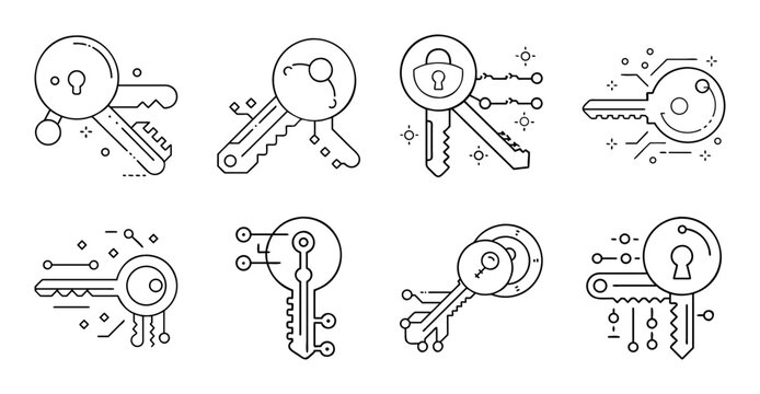 Flat icons of different lock types and keys - Minimalist vector icons showing padlocks, keys, and keyholes in various styles for security or design projects.